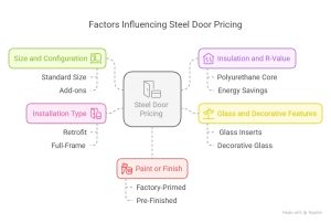 Infographic titled "Factors Influencing Steel Door Pricing" displaying six key elements: size and configuration, installation type, paint or finish, insulation and R-value, and glass and decorative features—each with brief descriptors like “standard size,” “retrofit,” and “glass inserts.”