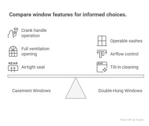 Comparison infographic showing casement windows (with crank operation, full ventilation, airtight seal) vs. double-hung windows (with tilt-in cleaning, airflow control, operable sashes) for making informed window style decisions.