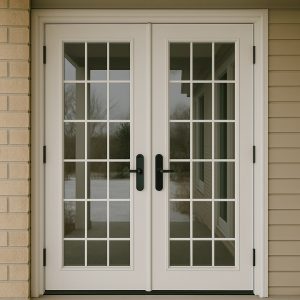 Close-up view of a set of white French doors with multiple glass panes and black handles, framed by brick and siding exterior walls, showcasing a symmetrical double-door design.