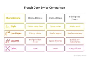 Comparison chart showing French door styles: hinged doors offer swing direction choice, sliding doors save space, and fiberglass doors are energy-efficient and durable.