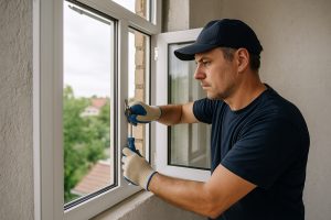 A professional window installer wearing gloves and a navy cap uses a screwdriver to adjust the hinge of an outward-opening white casement window in a residential setting.