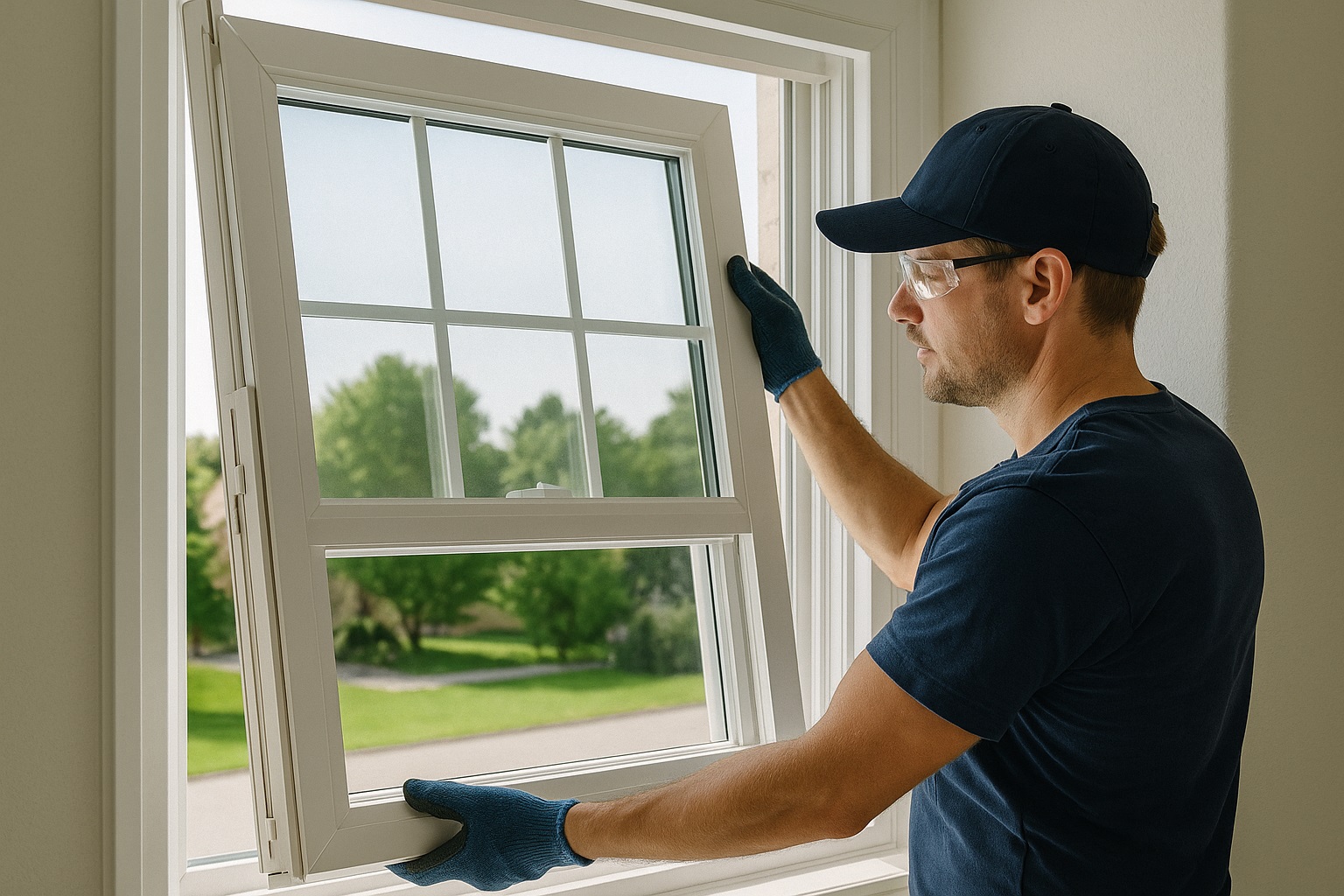 A window technician wearing safety glasses and gloves installing or removing a double-hung window sash inside a home, with a clear outdoor view of trees and a street.