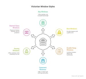 Infographic titled "Victorian Window Styles" showing six window types—Bay, Bow, Double-Hung, Casement, Awning, and Stained Glass—with brief benefits for each.