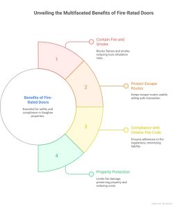 Infographic highlighting the benefits of fire-rated doors in Vaughan, including containing fire and smoke, protecting escape routes, Ontario Fire Code compliance, and property protection.