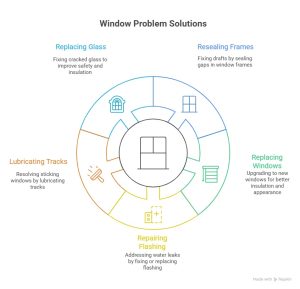 Infographic showing solutions for common window problems in Vaughan, including replacing glass, resealing frames, lubricating tracks, repairing flashing, and upgrading windows for better insulation.