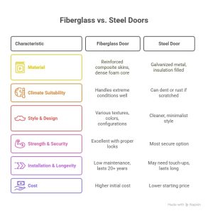 Infographic comparing Fiberglass vs. Steel Doors for Vaughan homes, showing differences in material, climate suitability, style, security, longevity, and cost.