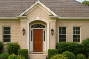 Energy-efficient front door with sidelights and transom window on a beige brick Vaughan home, showcasing modern front door options for style and security.