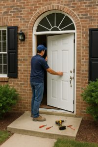 Technician performing expert door installation in Vaughan, showing the benefits of replacing old wooden doors.