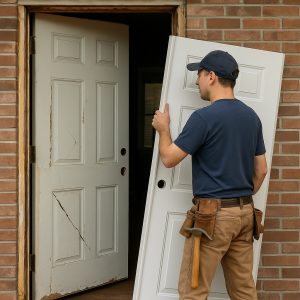 Professional installer replacing a damaged front door with a new white door, showing signs your door needs replacing in Vaughan homes.