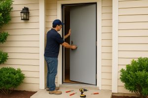 Technician installing a fire-rated door in a Vaughan home, showing expert installation for improved fire safety, smoke protection, and Ontario code compliance.