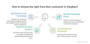 Infographic on how to choose the right front door contractor in Vaughan, highlighting local knowledge, high-performance systems, flexible financing plans, and comprehensive warranties.