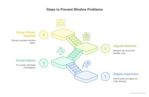 Infographic showing steps to prevent common window problems in Vaughan homes, including regular inspections, prompt repairs, upgrading to vinyl, and energy-efficient window upgrades.