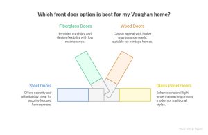 Infographic comparing popular front door options for Vaughan homes, highlighting steel doors for security, fiberglass doors for durability, wood doors for classic appeal, and glass panel doors for natural light and style.
