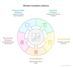 Infographic showing top window styles for maximum insulation in Vaughan homes, including casement, awning, picture, bay, bow, hung, and slider windows.