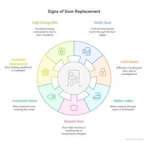 Infographic showing signs your door needs replacement, including high energy bills, drafty door, lock issues, water leaks, warped door, increased noise, and outdated appearance for Vaughan homeowners.