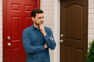 Man deciding between fiberglass vs. steel doors, comparing a red steel entry door and a brown fiberglass door for Vaughan home installation.