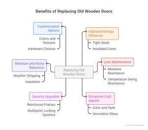 Infographic showing the benefits of replacing old wooden doors in Vaughan, including energy efficiency, less maintenance, security upgrades, curb appeal, customization, and moisture reduction.