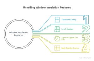 Infographic of window insulation features highlighting triple-pane glazing, Low-E coatings, argon or krypton gas fills, and multi-chamber frames for maximum energy efficiency in Vaughan homes.