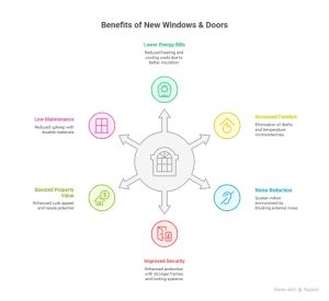Infographic showing benefits of new window & door installation including energy savings, comfort, noise reduction, security, low maintenance, and home value.