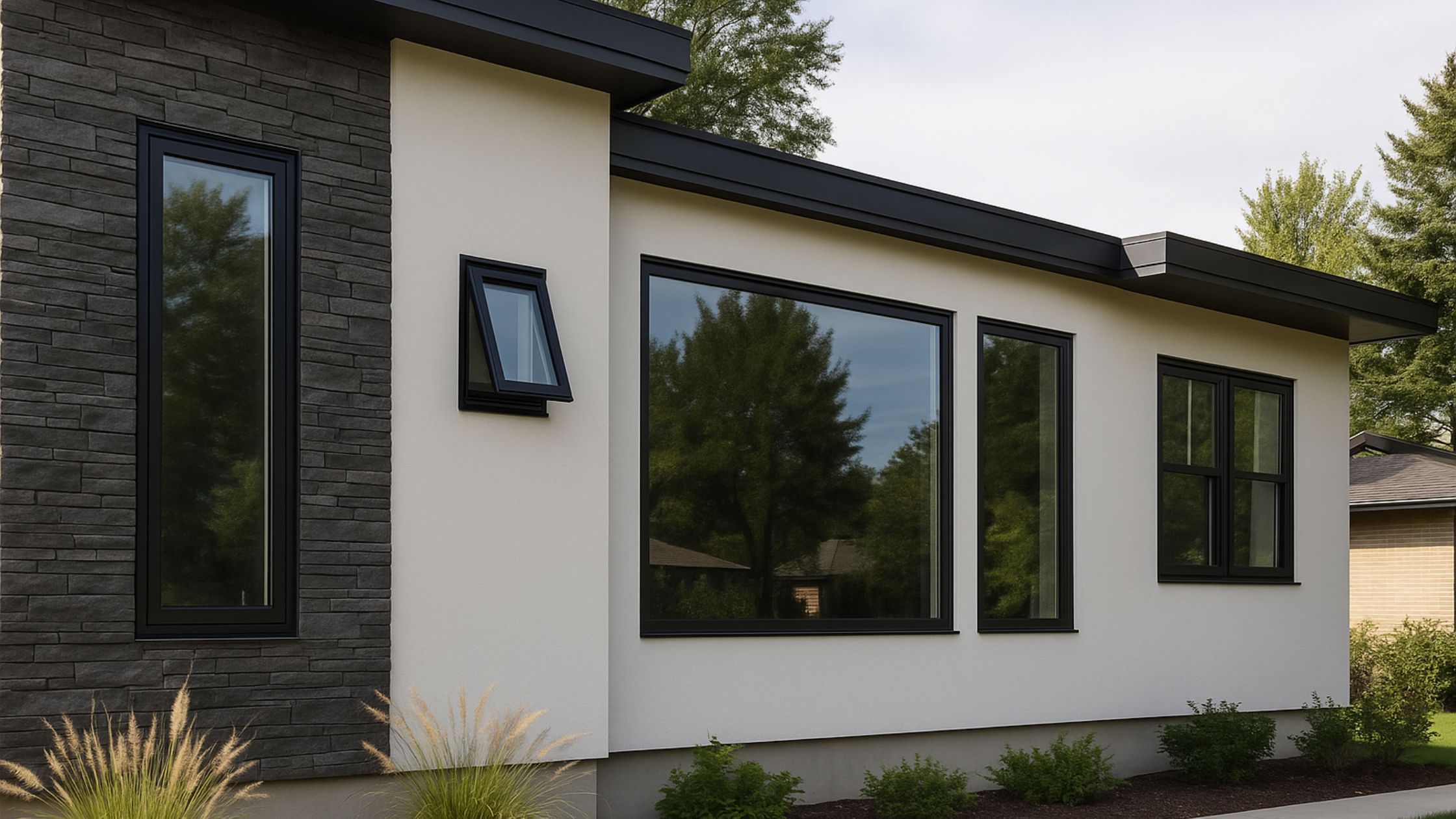 Modern home exterior in Toronto showcasing the best window styles for modern homes, including awning, picture, and double-hung windows in black frames.