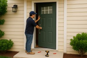 Technician installing a new green front door in a GTA home, highlighting the benefits of installing a new front door for security, energy efficiency, and curb appeal.