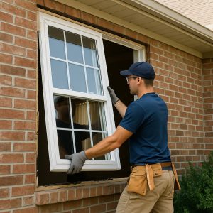 Technician fixing window replacement mistakes in Vaughan home, installing new energy-efficient vinyl window with proper fit and sealing.