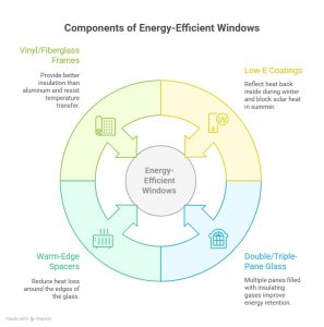 Diagram showing components of Energy-Efficient Windows including Low-E coatings, double or triple-pane glass, warm-edge spacers, and vinyl or fiberglass frames for improved insulation and reduced energy loss in Ontario homes.