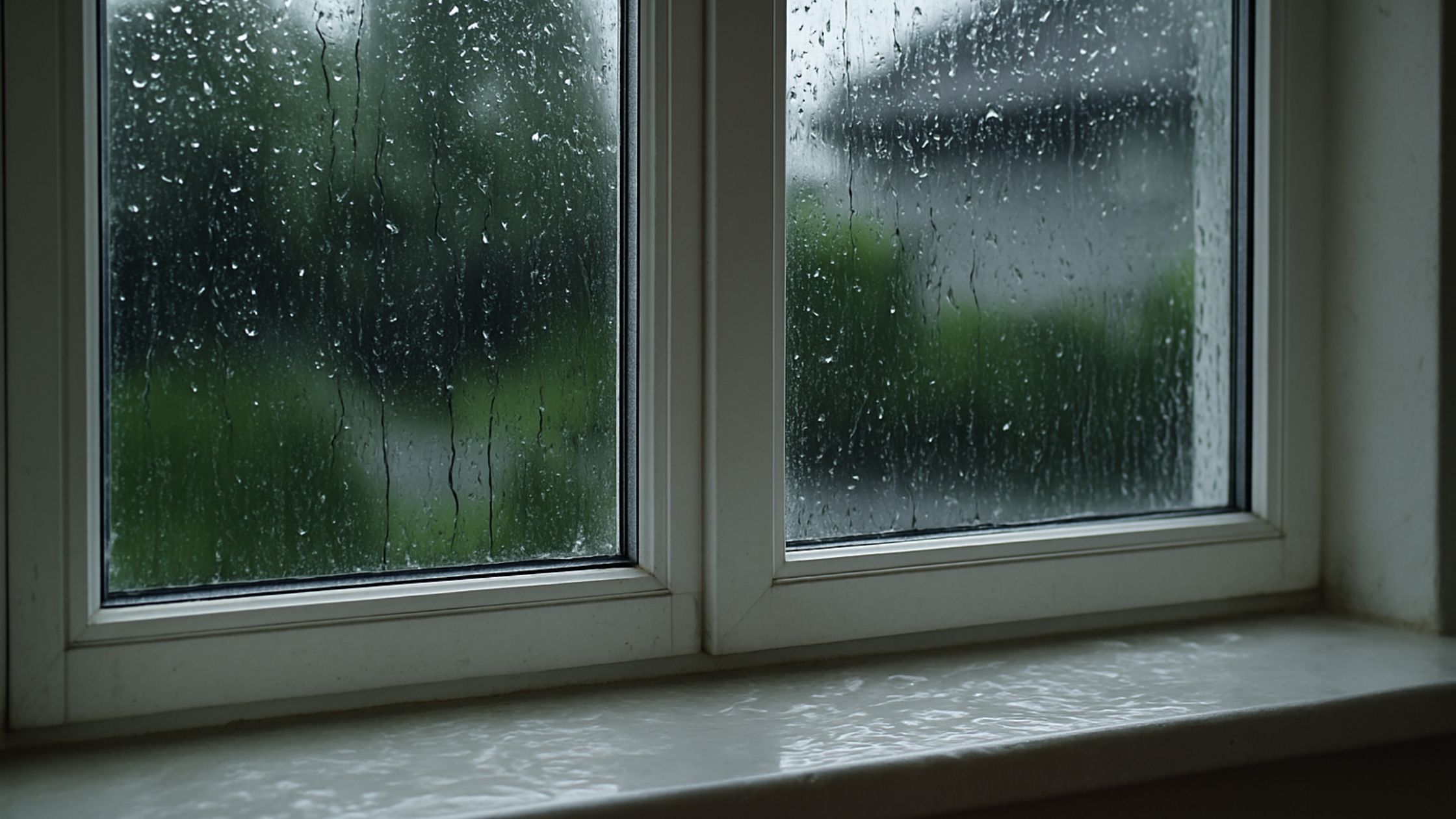 Leaky windows after heavy rain showing water pooling on an interior windowsill and raindrops on the glass during a storm in Ontario.