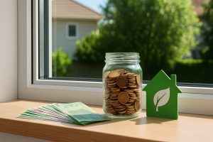 Savings from Energy-Efficient Windows in GTA homes shown with coins, Canadian currency, and eco-friendly house symbol on modern window sill.