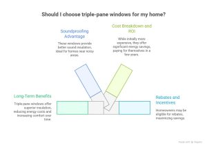 Visual guide showing benefits of triple-pane windows including soundproofing, energy savings, long-term ROI, and rebate incentives for GTA homes.