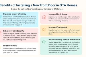 Infographic showing the benefits of installing a new front door in GTA homes, including energy efficiency, home security, curb appeal, noise reduction, and durability.