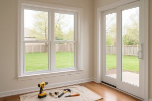 Interior view of newly installed energy-efficient windows and patio door with tools on the floor, showcasing window & door installation in Ontario.