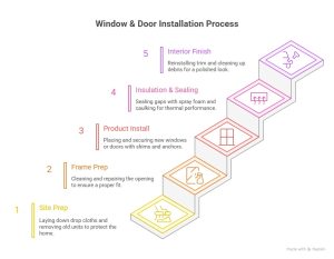 Step-by-step graphic of the window & door installation process including site prep, frame preparation, product install, insulation, and interior finish.