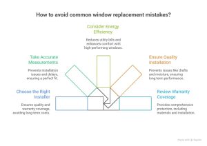 Infographic showing how to avoid common window replacement mistakes in Vaughan, including choosing the right installer, accurate measurements, energy efficiency, quality installation, and reviewing warranty coverage.