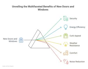Infographic showing the benefits of new doors and windows including security, energy efficiency, curb appeal, weather resistance, comfort, and noise reduction.