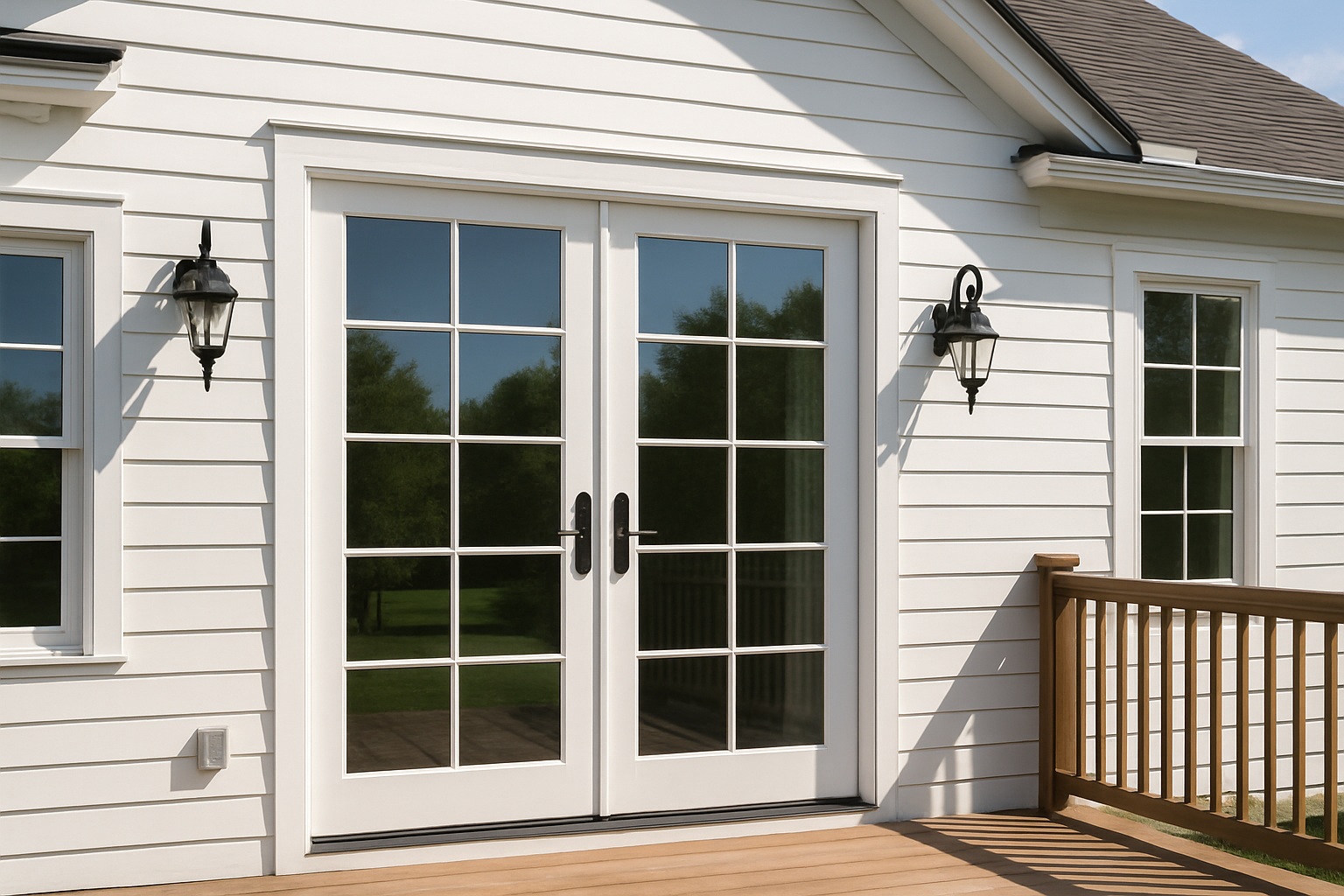 White French patio doors with glass grids opening to a wooden backyard deck in a GTA home