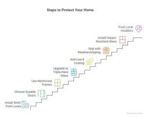 Step-by-step visual guide showing how to protect your home with new doors and windows, including multi-point locks, durable doors, triple-pane glass, and weatherstripping.