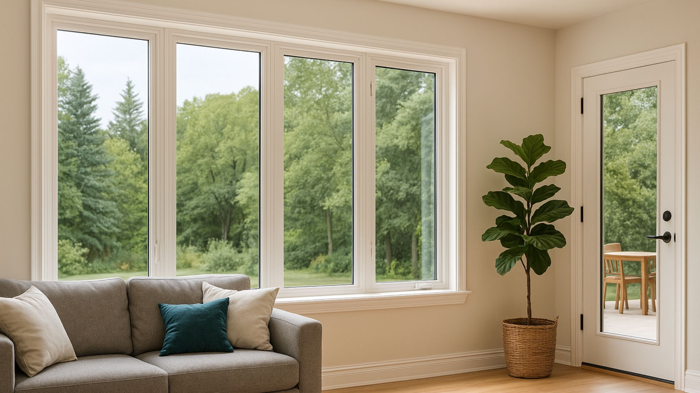 Bright living room with large vinyl windows and glass door showcasing how to improve indoor air quality with new windows & doors in a modern Ontario home.
