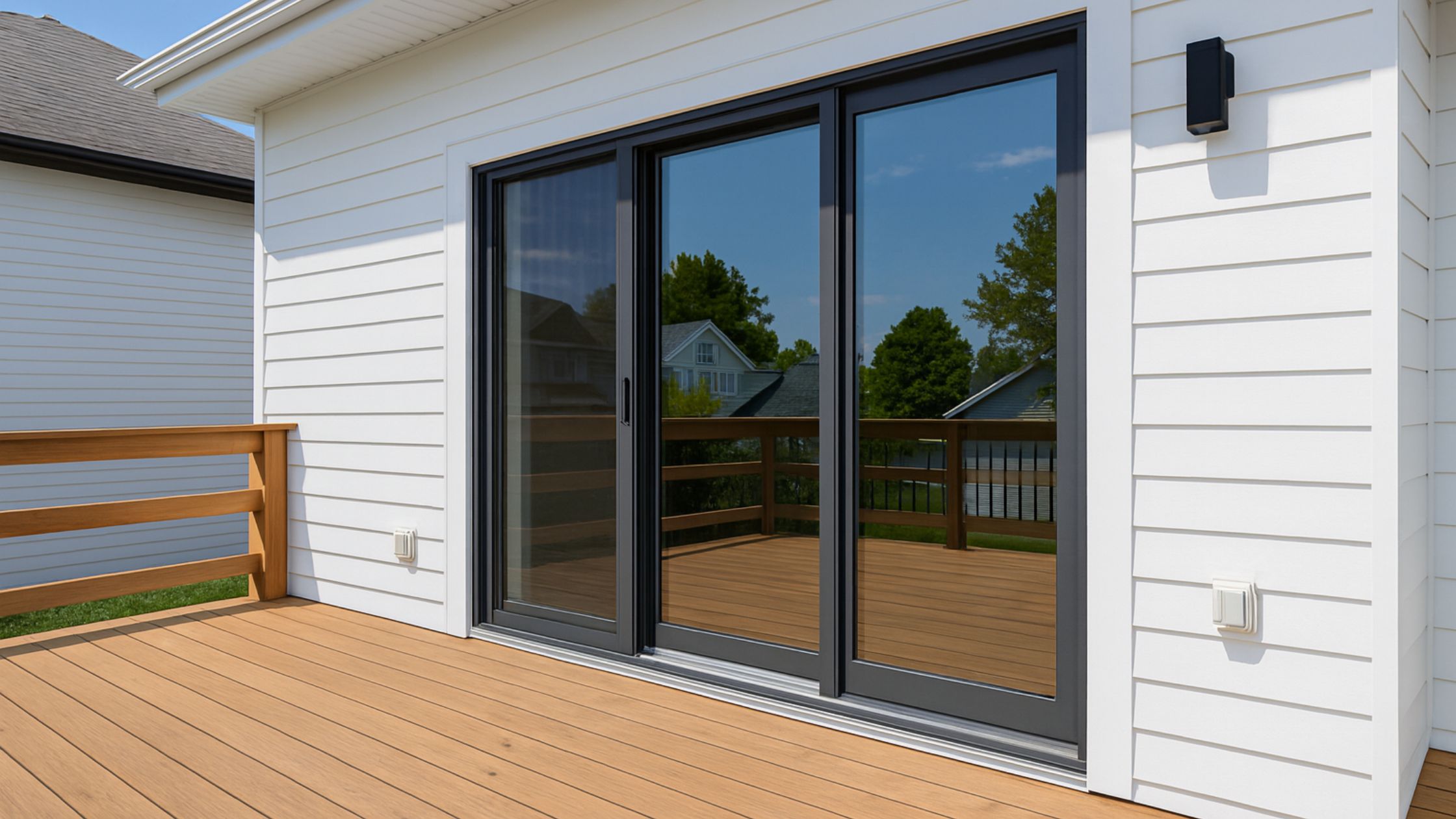 Patio door replacement with black-framed sliding doors installed on a wooden deck in GTA