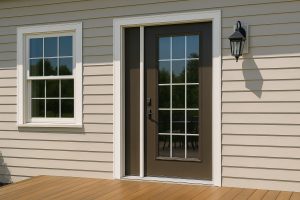 Brown fiberglass patio door with glass inserts on a wood deck in a GTA home