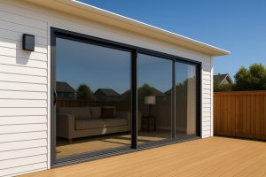 Sliding patio doors opening onto a modern composite deck in a GTA residential backyard