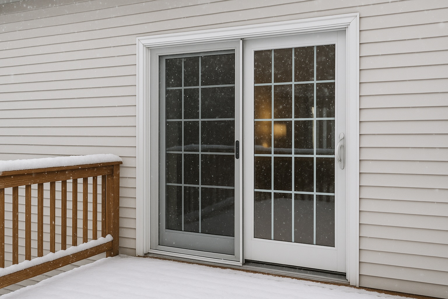 Sliding patio door with internal grilles during winter snowfall, showing the importance of insulated, energy-efficient patio door replacement in GTA homes.