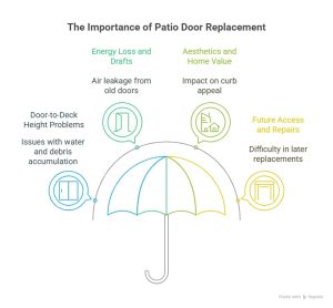 Infographic showing key reasons for patio door replacement including energy loss, door-to-deck height issues, and future repair difficulty