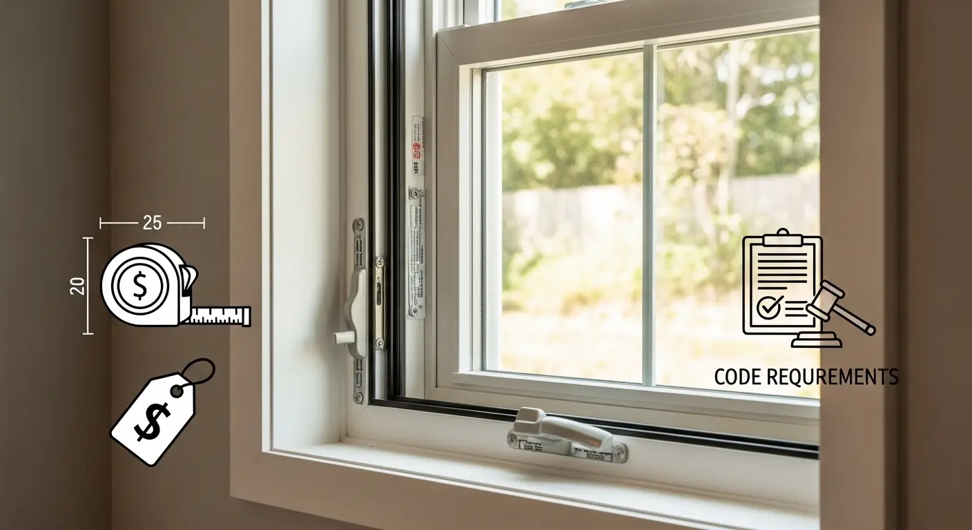 Egress casement window showing minimum size requirements and building code compliance